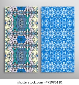 Vertical seamless patterns set, floral geometric lace texture for Wedding, Bridal, Valentine's day, greeting cards or Birthday Invitations. Decorative seamless backgrounds, tribal ethnic ornament