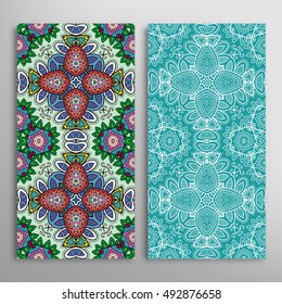 Vertical seamless patterns set, floral geometric lace texture for Wedding, Bridal, Valentine's day, greeting cards or Birthday Invitations. Decorative seamless backgrounds, tribal ethnic ornament