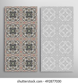 Vertical seamless patterns set, floral geometric lace texture for Wedding, Bridal, Valentine's day, greeting cards or Birthday Invitations. Decorative seamless backgrounds, tribal ethnic ornament