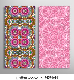 Vertical seamless patterns set, floral geometric lace texture for Wedding, Bridal, Valentine's day, greeting cards or Birthday Invitations. Decorative seamless backgrounds, tribal ethnic ornament