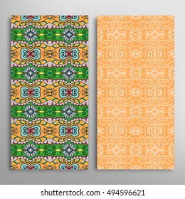 Vertical seamless patterns set, floral geometric lace texture for Wedding, Bridal, Valentine's day, greeting cards or Birthday Invitations. Decorative seamless backgrounds, tribal ethnic ornament