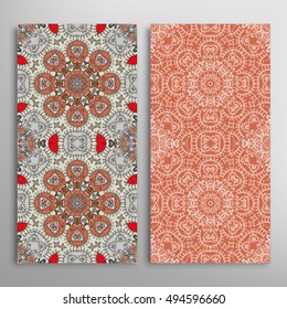 Vertical seamless patterns set, floral geometric lace texture for Wedding, Bridal, Valentine's day, greeting cards or Birthday Invitations. Decorative seamless backgrounds, tribal ethnic ornament