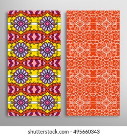 Vertical seamless patterns set, floral geometric lace texture for Wedding, Bridal, Valentine's day, greeting cards or Birthday Invitations. Decorative seamless backgrounds, tribal ethnic ornament