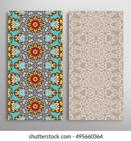 Vertical seamless patterns set, floral geometric lace texture for Wedding, Bridal, Valentine's day, greeting cards or Birthday Invitations. Decorative seamless backgrounds, tribal ethnic ornament