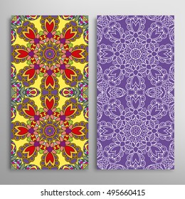 Vertical seamless patterns set, floral geometric lace texture for Wedding, Bridal, Valentine's day, greeting cards or Birthday Invitations. Decorative seamless backgrounds, tribal ethnic ornament