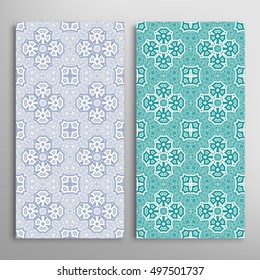 Vertical seamless patterns set, floral geometric lace texture for Wedding, Bridal, Valentine's day, greeting cards or Birthday Invitations. Decorative seamless backgrounds, tribal ethnic ornament