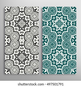 Vertical seamless patterns set, floral geometric lace texture for Wedding, Bridal, Valentine's day, greeting cards or Birthday Invitations. Decorative seamless backgrounds, tribal ethnic ornament