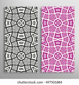 Vertical seamless patterns set, floral geometric lace texture for Wedding, Bridal, Valentine's day, greeting cards or Birthday Invitations. Decorative seamless backgrounds, tribal ethnic ornament