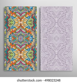 Vertical seamless patterns set, floral geometric lace texture for Wedding, Bridal, Valentine's day, greeting cards or Birthday Invitations. Decorative seamless backgrounds, tribal ethnic ornament