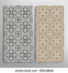 Vertical seamless patterns set, floral geometric lace texture for Wedding, Bridal, Valentine's day, greeting cards or Birthday Invitations. Decorative seamless backgrounds, tribal ethnic ornament