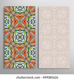 Vertical seamless patterns set, floral geometric lace texture for Wedding, Bridal, Valentine's day, greeting cards or Birthday Invitations. Decorative seamless backgrounds, tribal ethnic ornament