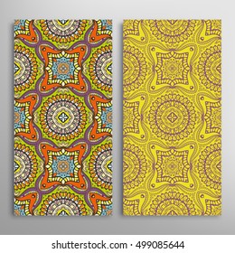 Vertical seamless patterns set, floral geometric lace texture for Wedding, Bridal, Valentine's day, greeting cards or Birthday Invitations. Decorative seamless backgrounds, tribal ethnic ornament