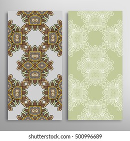 Vertical seamless patterns set, floral geometric lace texture for Wedding, Bridal, Valentine's day, greeting cards or Birthday Invitations. Decorative seamless backgrounds, tribal ethnic ornament