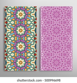 Vertical seamless patterns set, floral geometric lace texture for Wedding, Bridal, Valentine's day, greeting cards or Birthday Invitations. Decorative seamless backgrounds, tribal ethnic ornament