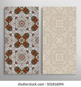 Vertical seamless patterns set, floral geometric lace texture for Wedding, Bridal, Valentine's day, greeting cards or Birthday Invitations. Decorative seamless backgrounds, tribal ethnic ornament