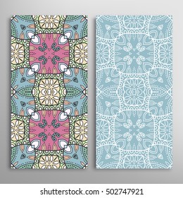 Vertical seamless patterns set, floral geometric lace texture for Wedding, Bridal, Valentine's day, greeting cards or Birthday Invitations. Decorative seamless backgrounds, tribal ethnic ornament
