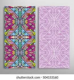 Vertical seamless patterns set, floral geometric lace texture for Wedding, Bridal, Valentine's day, greeting cards or Birthday Invitations. Decorative seamless backgrounds, tribal ethnic ornament