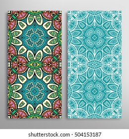 Vertical seamless patterns set, floral geometric lace texture for Wedding, Bridal, Valentine's day, greeting cards or Birthday Invitations. Decorative seamless backgrounds, tribal ethnic ornament