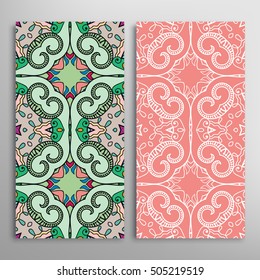 Vertical seamless patterns set, floral geometric lace texture for Wedding, Bridal, Valentine's day, greeting cards or Birthday Invitations. Decorative seamless backgrounds, tribal ethnic ornament