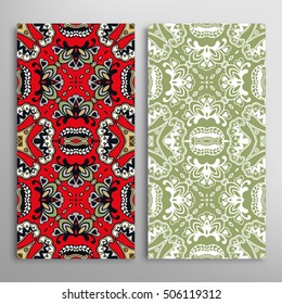 Vertical seamless patterns set, floral geometric lace texture for Wedding, Bridal, Valentine's day, greeting cards or Birthday Invitations. Decorative seamless backgrounds, tribal ethnic ornament