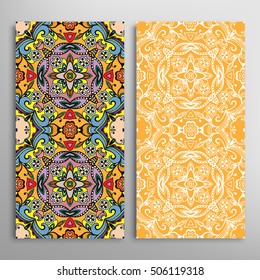 Vertical seamless patterns set, floral geometric lace texture for Wedding, Bridal, Valentine's day, greeting cards or Birthday Invitations. Decorative seamless backgrounds, tribal ethnic ornament