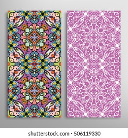 Vertical seamless patterns set, floral geometric lace texture for Wedding, Bridal, Valentine's day, greeting cards or Birthday Invitations. Decorative seamless backgrounds, tribal ethnic ornament