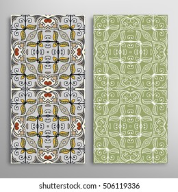 Vertical seamless patterns set, floral geometric lace texture for Wedding, Bridal, Valentine's day, greeting cards or Birthday Invitations. Decorative seamless backgrounds, tribal ethnic ornament