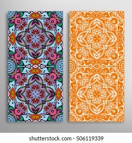 Vertical seamless patterns set, floral geometric lace texture for Wedding, Bridal, Valentine's day, greeting cards or Birthday Invitations. Decorative seamless backgrounds, tribal ethnic ornament