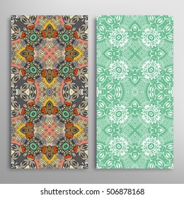 Vertical seamless patterns set, floral geometric lace texture for Wedding, Bridal, Valentine's day, greeting cards or Birthday Invitations. Decorative seamless backgrounds, tribal ethnic ornament