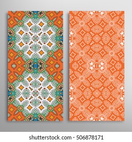 Vertical seamless patterns set, floral geometric lace texture for Wedding, Bridal, Valentine's day, greeting cards or Birthday Invitations. Decorative seamless backgrounds, tribal ethnic ornament