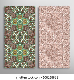 Vertical seamless patterns set, floral geometric lace texture for Wedding, Bridal, Valentine's day, greeting cards or Birthday Invitations. Decorative seamless backgrounds, tribal ethnic ornament