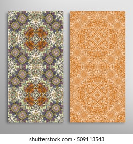 Vertical seamless patterns set, floral geometric lace texture for Wedding, Bridal, Valentine's day, greeting cards or Birthday Invitations. Decorative seamless backgrounds, tribal ethnic ornament