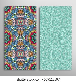 Vertical seamless patterns set, floral geometric lace texture for Wedding, Bridal, Valentine's day, greeting cards or Birthday Invitations. Decorative seamless backgrounds, tribal ethnic ornament