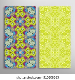 Vertical seamless patterns set, floral geometric lace texture for Wedding, Bridal, Valentine's day, greeting cards or Birthday Invitations. Decorative seamless backgrounds, tribal ethnic ornament