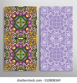 Vertical seamless patterns set, floral geometric lace texture for Wedding, Bridal, Valentine's day, greeting cards or Birthday Invitations. Decorative seamless backgrounds, tribal ethnic ornament
