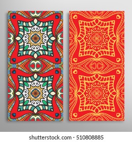Vertical seamless patterns set, floral geometric lace texture for Wedding, Bridal, Valentine's day, greeting cards or Birthday Invitations. Decorative seamless backgrounds, tribal ethnic ornament