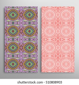 Vertical seamless patterns set, floral geometric lace texture for Wedding, Bridal, Valentine's day, greeting cards or Birthday Invitations. Decorative seamless backgrounds, tribal ethnic ornament