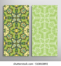 Vertical seamless patterns set, floral geometric lace texture for Wedding, Bridal, Valentine's day, greeting cards or Birthday Invitations. Decorative seamless backgrounds, tribal ethnic ornament