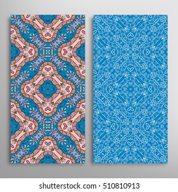 Vertical seamless patterns set, floral geometric lace texture for Wedding, Bridal, Valentine's day, greeting cards or Birthday Invitations. Decorative seamless backgrounds, tribal ethnic ornament
