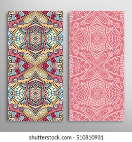 Vertical seamless patterns set, floral geometric lace texture for Wedding, Bridal, Valentine's day, greeting cards or Birthday Invitations. Decorative seamless backgrounds, tribal ethnic ornament