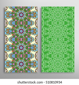 Vertical seamless patterns set, floral geometric lace texture for Wedding, Bridal, Valentine's day, greeting cards or Birthday Invitations. Decorative seamless backgrounds, tribal ethnic ornament