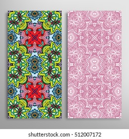 Vertical seamless patterns set, floral geometric lace texture for Wedding, Bridal, Valentine's day, greeting cards or Birthday Invitations. Decorative seamless backgrounds, tribal ethnic ornament