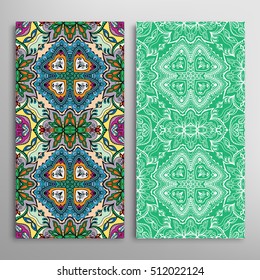 Vertical seamless patterns set, floral geometric lace texture for Wedding, Bridal, Valentine's day, greeting cards or Birthday Invitations. Decorative seamless backgrounds, tribal ethnic ornament
