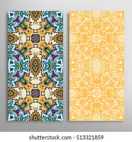Vertical seamless patterns set, floral geometric lace texture for Wedding, Bridal, Valentine's day, greeting cards or Birthday Invitations. Decorative seamless backgrounds, tribal ethnic ornament