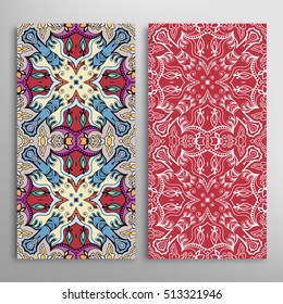 Vertical seamless patterns set, floral geometric lace texture for Wedding, Bridal, Valentine's day, greeting cards or Birthday Invitations. Decorative seamless backgrounds, tribal ethnic ornament