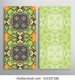 Vertical seamless patterns set, floral geometric lace texture for Wedding, Bridal, Valentine's day, greeting cards or Birthday Invitations. Decorative seamless backgrounds, tribal ethnic ornament