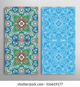Vertical seamless patterns set, floral geometric lace texture for Wedding, Bridal, Valentine's day, greeting cards or Birthday Invitations. Decorative seamless backgrounds, tribal ethnic ornament