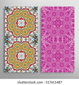 Vertical seamless patterns set, floral geometric lace texture for Wedding, Bridal, Valentine's day, greeting cards or Birthday Invitations. Decorative seamless backgrounds, tribal ethnic ornament
