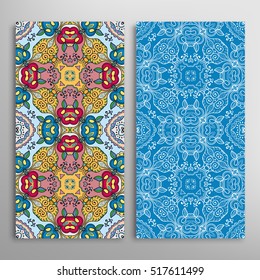 Vertical seamless patterns set, floral geometric lace texture for Wedding, Bridal, Valentine's day, greeting cards or Birthday Invitations. Decorative seamless backgrounds, tribal ethnic ornament