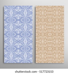 Vertical seamless patterns set, floral geometric lace texture for Wedding, Bridal, Valentine's day, greeting cards or Birthday Invitations. Decorative seamless backgrounds, tribal ethnic ornament